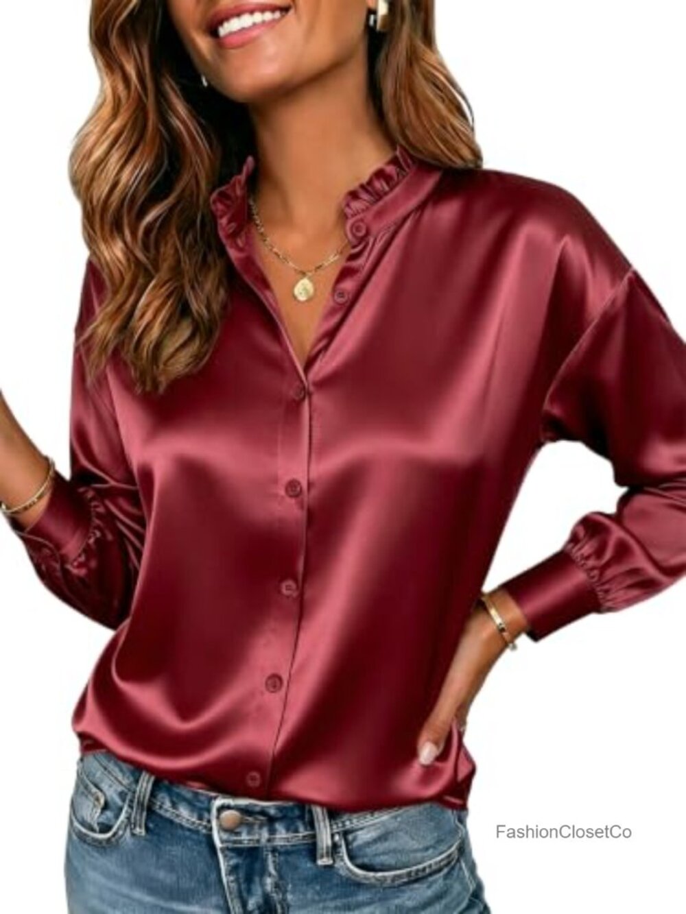 Satin Blouse Ruffle Collar Long Sleeve Button Down Shirt